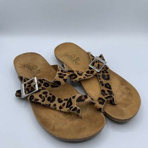 YOKONO Womens Ibiza Leopard Calf Hair Leather Sandals Cork Slide Size 8